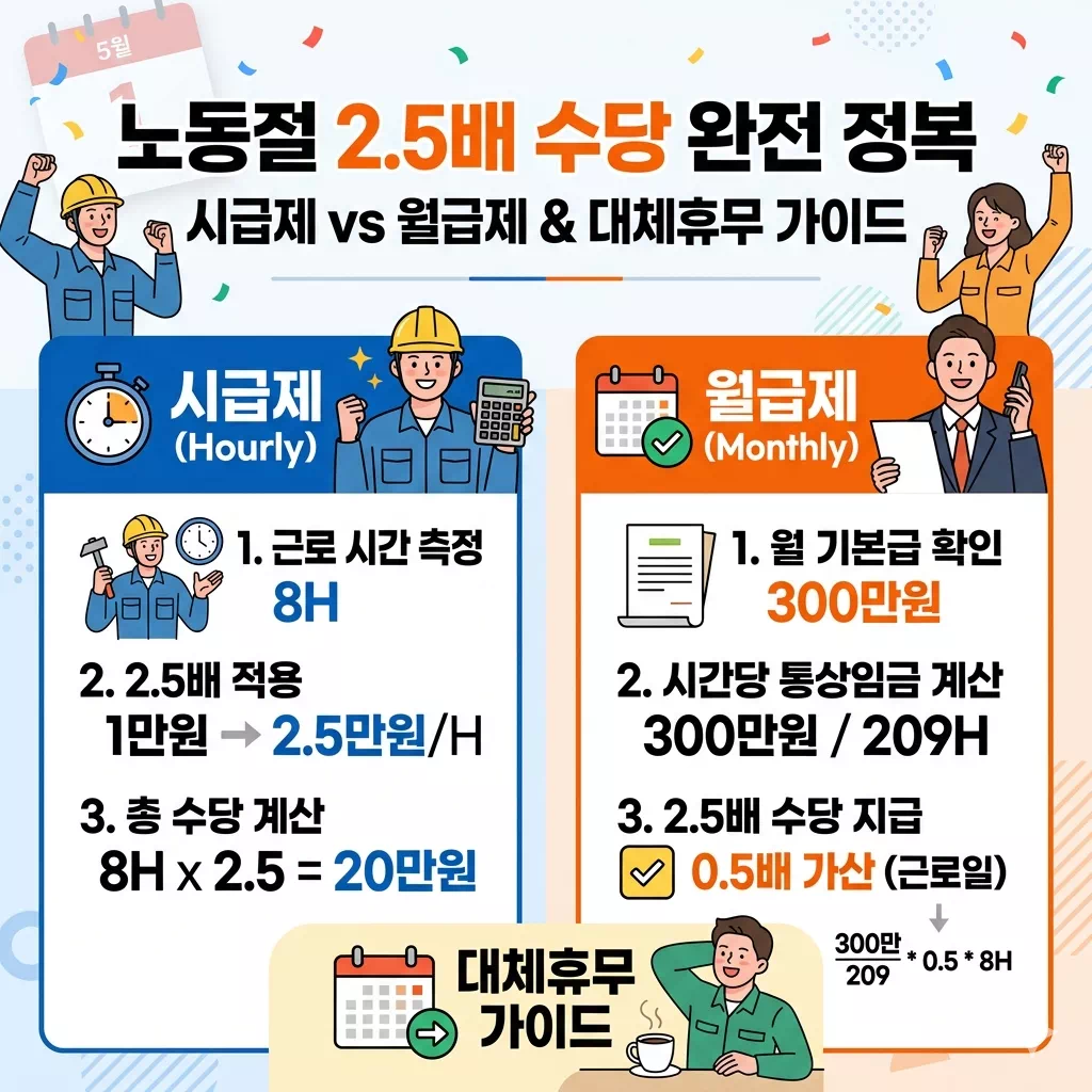 노동절 2.5배 수당 계산법: 시급제·월급제 차이와 대체휴무 가이드